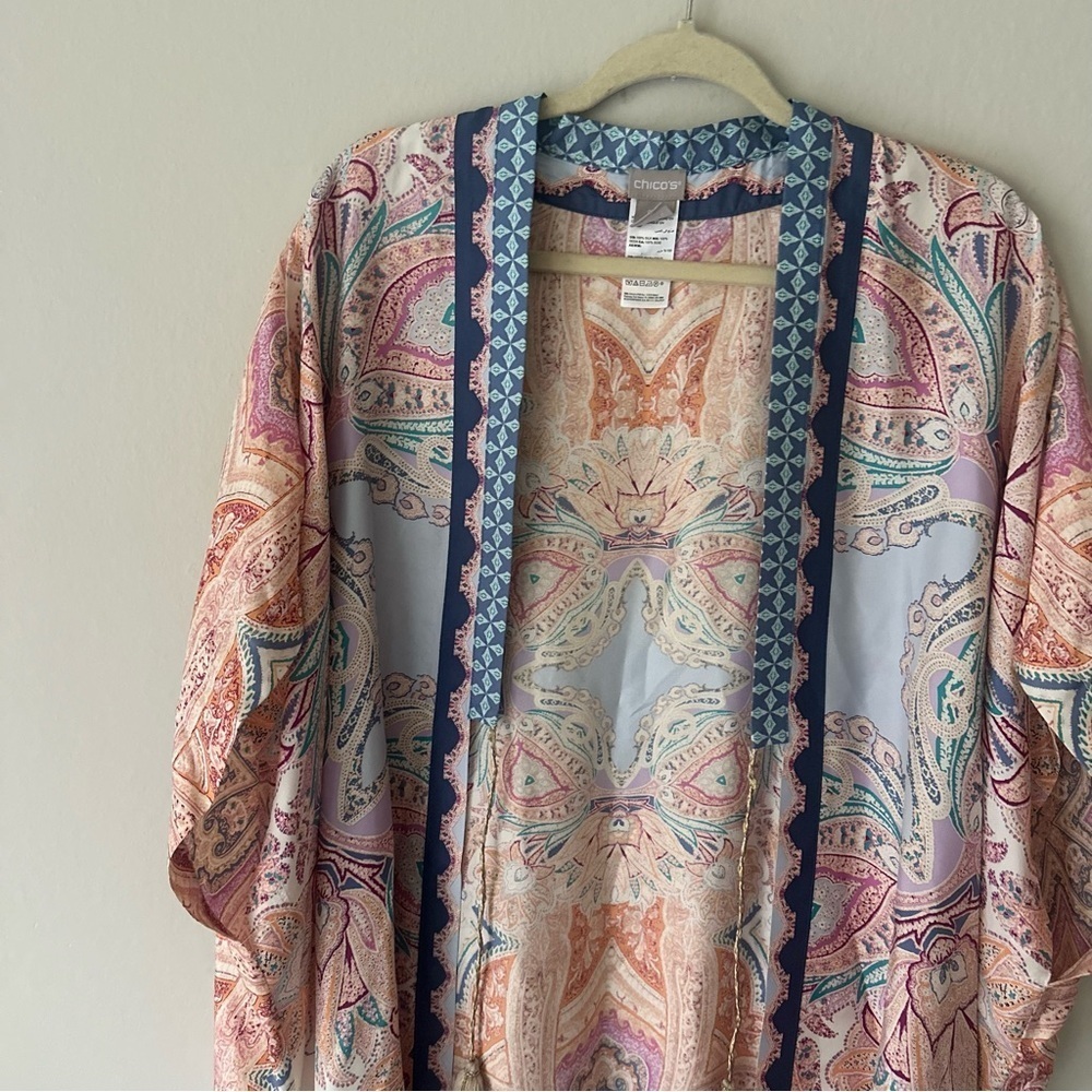 Chico's Medallion-Print Boho 100% Silk Ruana Wrap Beach Cover Up Tassel Tie S/M - Picture 5 of 14